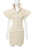 Winter Khaki Wide Shoulder Button Up Mini Dress with Pockets