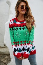 Suéter navideño verde con cuello redondo y estampado de árboles de Santa