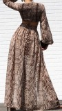 Autumn Formal Snake Skin V-Neck Long Sleeve Maxi Dress