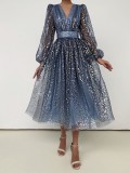 Autumn Formal Sequin Blue V-Neck Long Sleeve Prom Dress