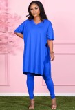 Autumn Casual Blue Slit V-Neck Loose Shirt and Fit Legging Set