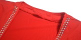 Autumn Red Mesh Patch Beaded Sexy V-Neck Long Sleeve Party Dress