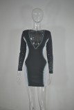 Autumn Black Mesh Patch Beaded Sexy V-Neck Long Sleeve Party Dress