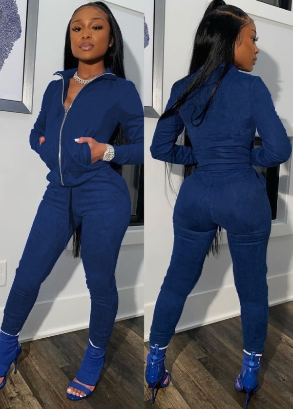 Winter Blue Zipper Long Sleeve Tracksuit with Pockets