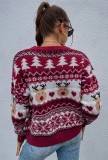Santa Trees Elk Print O-Neck Red Christmas Sweater