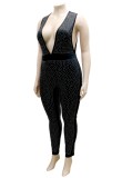 Autumn Plus Size Beaded Black Sleeveless Deep-V Party Jumpsuit