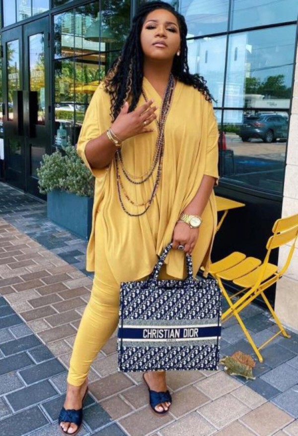 Autumn Casual Yellow Slit V-Neck Loose Shirt and Fit Legging Set