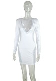 Autumn White Mesh Patch Beaded Sexy V-Neck Long Sleeve Party Dress