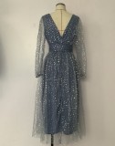 Autumn Formal Sequin Blue V-Neck Long Sleeve Prom Dress