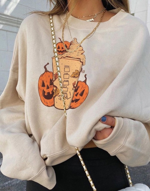 Pumpkin Ice Cream Print O-Neck Halloween Sweatshirt
