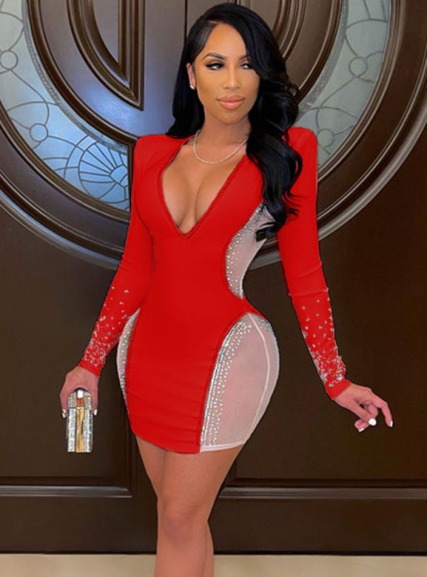 Autumn Red Mesh Patch Beaded Sexy V-Neck Long Sleeve Party Dress