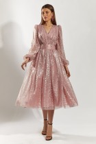 Herbst formales Pailletten rosa V-Ausschnitt langärmliges Abendkleid