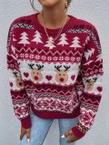 Santa Trees Elk Print O-Neck Red Christmas Sweater