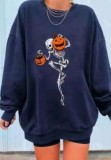 Skull Pumpkin Print Blue O-Neck Halloween Sweatshirt