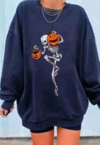 Halloween Sweatshirt mit Totenkopf-Kürbis-Print, blauem O-Ausschnitt