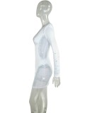 Autumn White Mesh Patch Beaded Sexy V-Neck Long Sleeve Party Dress