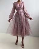 Autumn Formal Sequin Pink V-Neck Long Sleeve Prom Dress