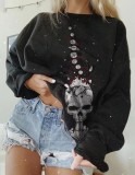 Skull Print Black O-Neck Halloween Sweatshirt