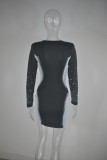 Autumn Black Mesh Patch Beaded Sexy V-Neck Long Sleeve Party Dress