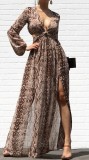 Autumn Formal Snake Skin V-Neck Long Sleeve Maxi Dress