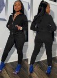 Winter Black Zipper Long Sleeve Tracksuit with Pockets