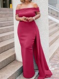 Autumn Red Occassional Off Shoulder Long Evening Gown