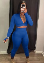 Herfst sexy blauwe strakke cropped top en legging set