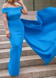 Autumn Blue Occassional Off Shoulder Long Evening Gown