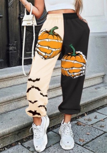 Pantaloni della tuta di Halloween con stampa zucca a contrasto di colore autunnale