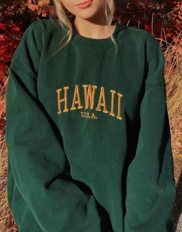 Autumn Letter Print Green Oversized Crewneck Pullover Sweatshirt