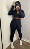 Autumn Sexy Black Tight Cropped Top and Legging Set
