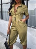 Autumn Army Green Casual Button Up Rompers with Belt