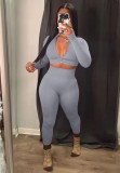 Autumn Sexy Grey Tight Cropped Top and Legging Set