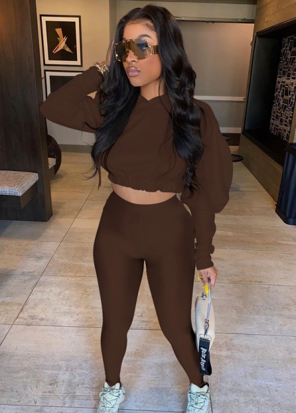 Autumn Brown Hooded Cropped Top and Tight Legging Set