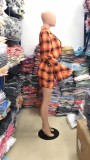 Fall Sexy Orange Checks Bra And Blazer And Mini Dress 3 Piece Set