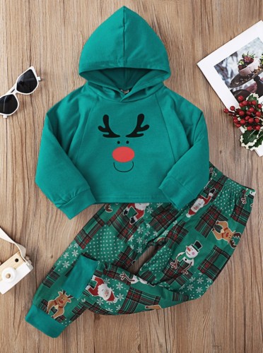 Kinder Mädchen Elch Print Kapuzen-Weihnachtspullover Sweatsuit
