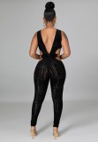 Summer Black Print Mesh Cut Out Deep-V Sexy Party Jumpsuit
