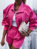 Autumn Casual Rose Button Up Jacket and Matching Shorts Set
