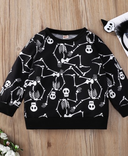 Kinder Mädchen Totenkopf Print Schwarz Rundhals Pullover Sweatshirt