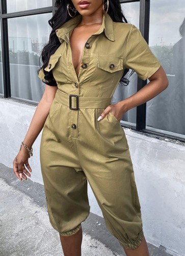 Autumn Army Green Casual Button Up Rompers with Belt