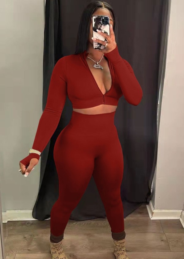 Autumn Sexy Red Tight Cropped Top and Legging Set