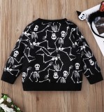 Kids Girl Skull Print Black Crewneck Pullover Sweatshirt