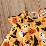 Baby Girl Pumpkin Print Long Sleeve Halloween Rompers
