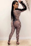Fall Sexy Leopard Print V-Neck Long Sleeve Ruffles Bodysuit With Pant Set