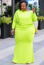 Autunno Plus Size Plain Green Maxi vestito completo a maniche lunghe