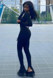 Fall Sexy Black U-neck Backless Long Sleeve Fitted Jumpsuit