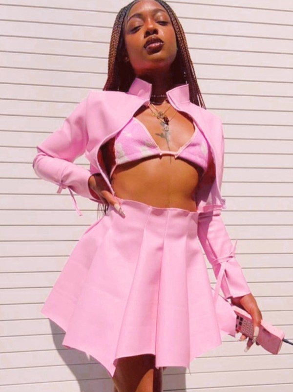 Fall Sexy Pink Zipper Crop PU Leather Jeacket and Matched Mini Pleated Skirt Set