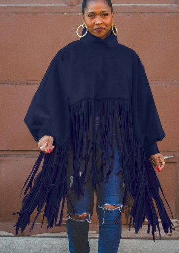 Fall Plus Size Blue High Neck Puff Sleeve Oversize Tassels Top