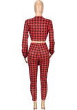 Fall Sexy Red Frint Tie-knotted Long Sleeve Crop Top and Skinny Pants Set