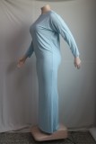 Fall Plus Size Plain Blue Long Sleeve Full Maxi Dress
